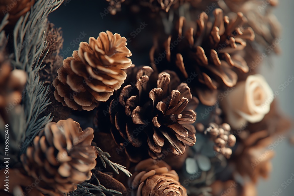 Macro view of a christmas wreath with pine cones, dried flowers, and natural elements, creating a festive decoration Macro view of a christmas wreath with pine cones, dried flowers, and natural elements, creating a festive decoration