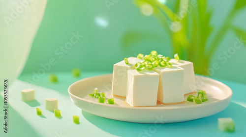 a plate on the table with two or three whole white tofu cubes on it. Some green chopped green onions are sprinkled on the tofu cubes, which looks like a good delicacy