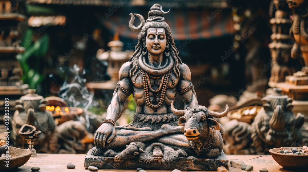 Fototapeta premium Mystical Shiva Statue in Tranquil Meditation with Sacred Cow and Incense