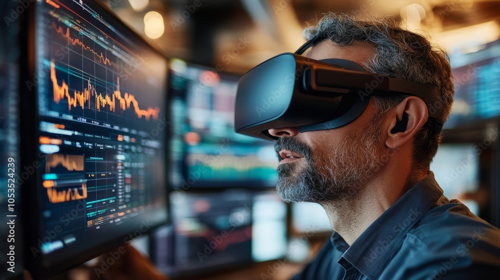 A business analyst using virtual reality to explore stock market trends and data A business analyst using virtual reality to explore stock market trends and data