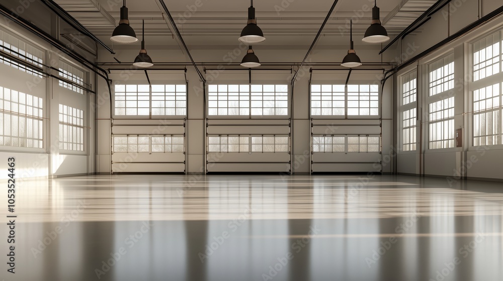 Ampio spazio di garage industriale, caratterizzato da pavimento lucido e riflessi, con un design minimale e pulito che valorizza ordine e modernità. Ampio spazio di garage industriale, caratterizzato da pavimento lucido e riflessi, con un design minimale e pulito che valorizza ordine e modernità.