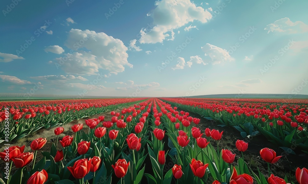 Fototapeta premium Tulip fields stretching under a blue sky, 4K hyperrealistic photo