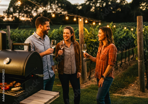 Friends enjoying wine at vineyard barbecue under festive lights at sunset photo