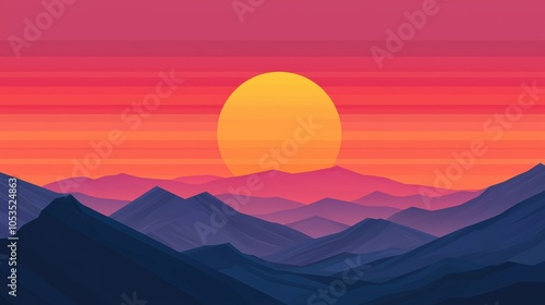 A vibrant sunset paints the skyline over layered mountains