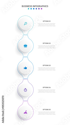 Vertical progress bar featuring 5 arrow-shaped elements, symbolizing the five stages of business strategy and progression. Clean timeline infographic design template. Vector for mobile presentation.