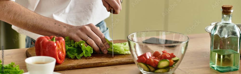 In a modern kitchen, a handsome young man skillfully makes a vibrant salad for healthy living. In a modern kitchen, a handsome young man skillfully makes a vibrant salad for healthy living.