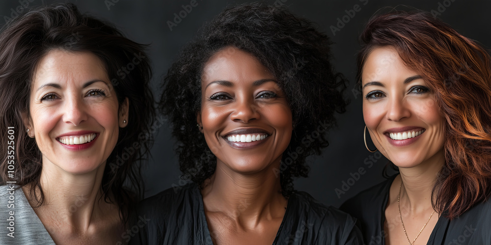 Fototapeta premium Three middle aged multiracial happy women posing together for group photo.