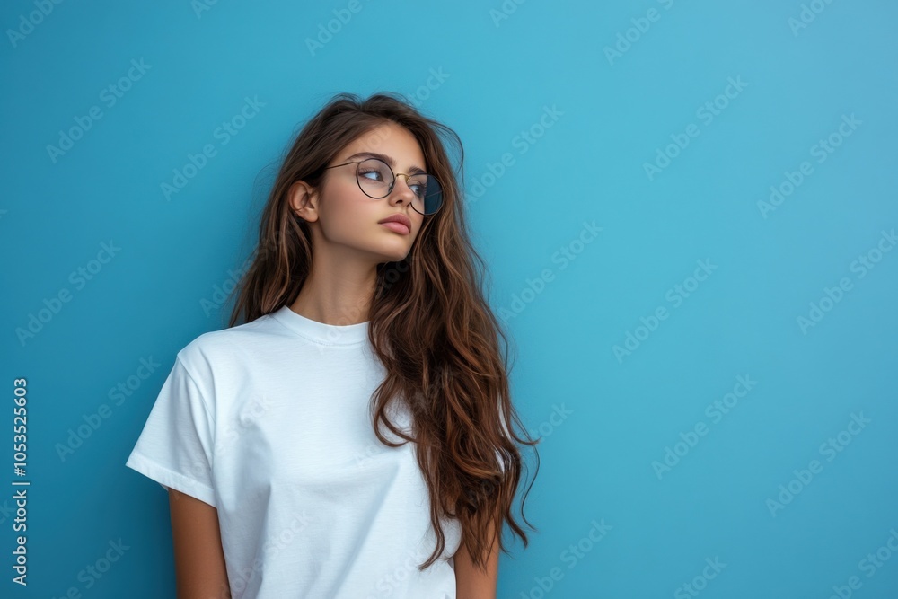Fototapeta premium Thoughtful Young Woman with Long Hair Against a Blue Background