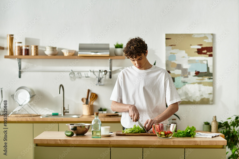 In a stylish kitchen, a handsome young man skillfully prepares a vibrant salad, embracing healthy living. In a stylish kitchen, a handsome young man skillfully prepares a vibrant salad, embracing healthy living.