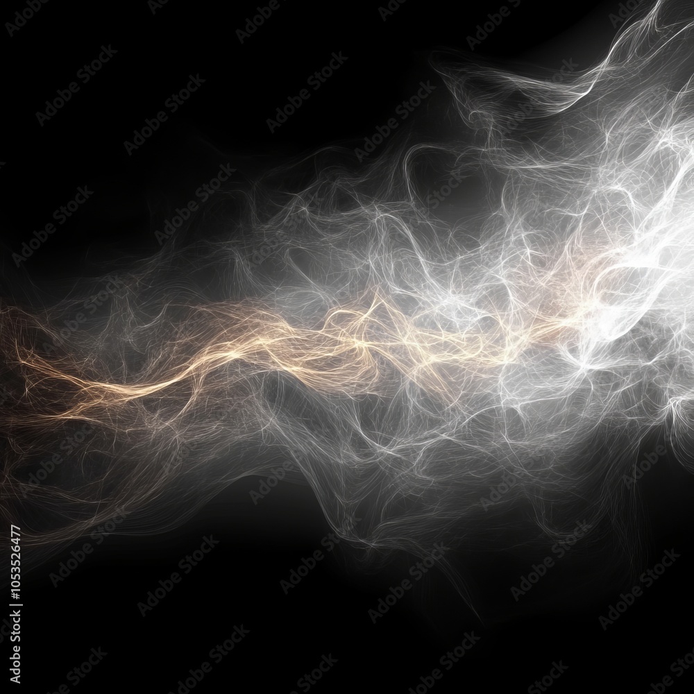 Fototapeta premium Abstract Swirling Smoke, White and Gold Energy Trails on a Black Background, Digital Art.