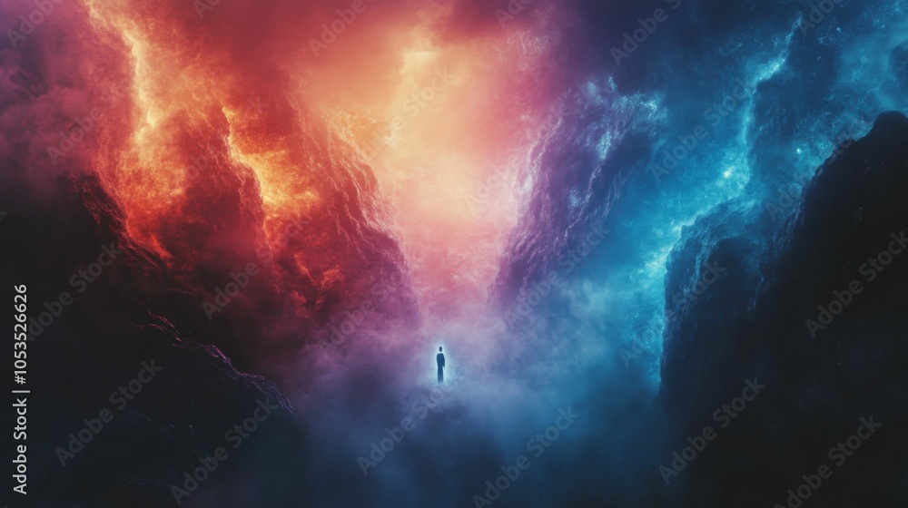 Fototapeta premium A lone figure stands between a fiery red and a cool blue cloud.