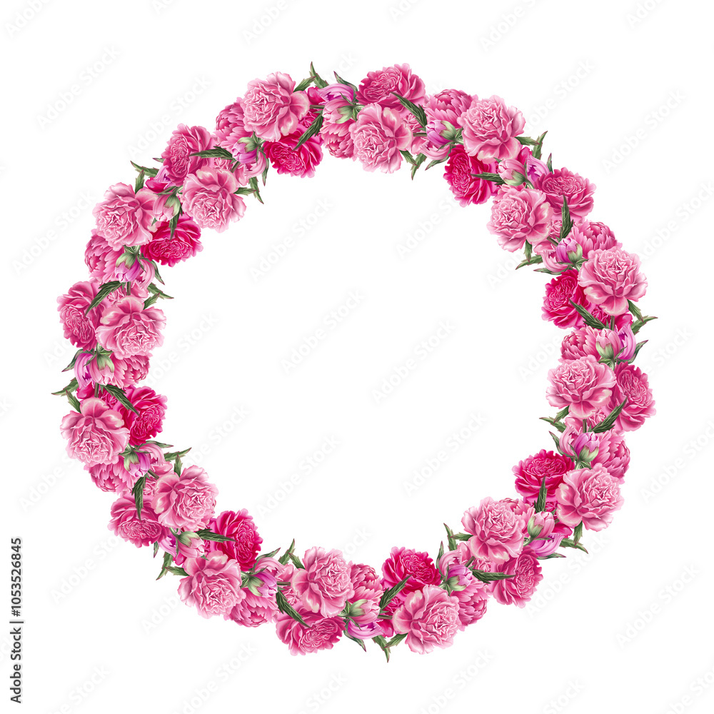 Digital Hand drawing round frame with Garden Peonies Digital Hand drawing round frame with Garden Peonies