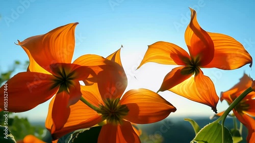 Delight closeup view beautiful orange trumpet vine flowers set clear blue sky captured slow motion create cinematic nature backdrop BMPCC 4K resolution flower blossom bloom skies flora wind breeze