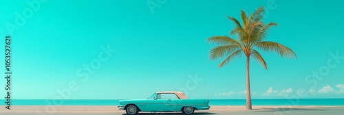 Vintage car parked beside palm tree on a stunning beach and ocean backdrop. photo