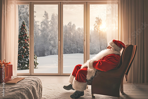 Santa claus is sitting in an armchair, enjoying the view of a beautiful snowy landscape at sunset, with a christmas tree and gifts nearby photo