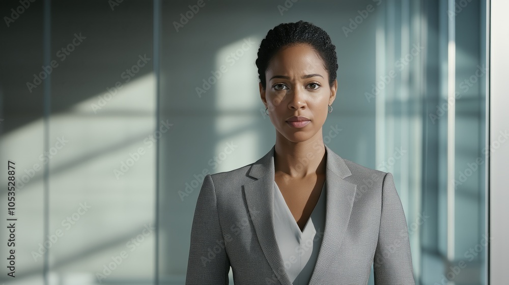 A woman wearing a gray jacket and a black shirt A woman wearing a gray jacket and a black shirt