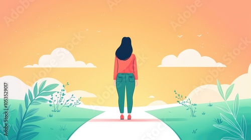 A woman stands on a path, gazing at a serene sunset sky, surrounded by lush greenery, hope and new beginnings concept