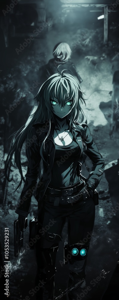 A mysterious figure stands confidently in a desolate urban environment with glowing eyes at twilight A mysterious figure stands confidently in a desolate urban environment with glowing eyes at twilight