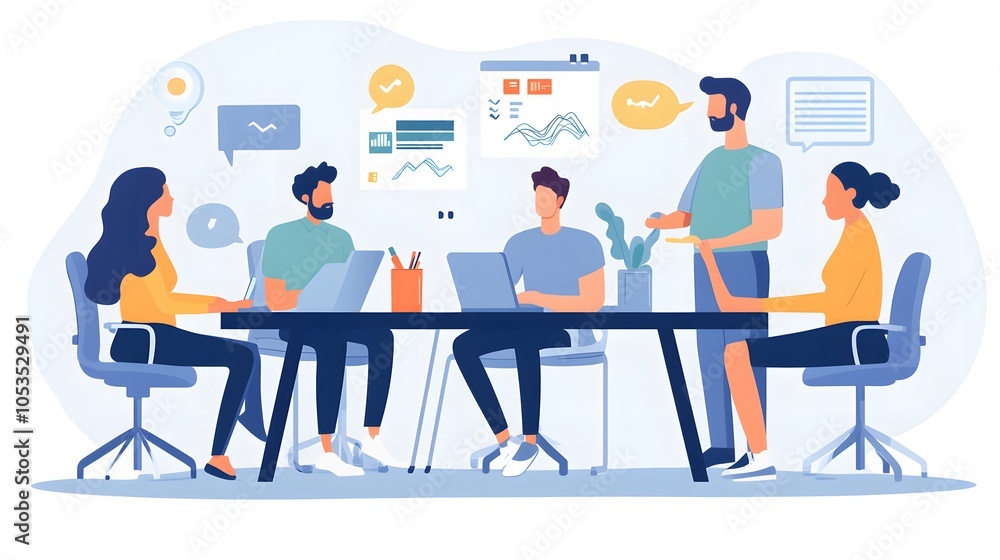 Business team working together, brainstorming, discussing ideas for project. People meeting at desk in office. illustration for co-working, teamwork, workspace concept. Business team working together, brainstorming, discussing ideas for project. People meeting at desk in office. illustration for co-working, teamwork, workspace concept.