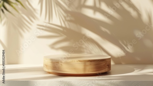 Light wood round pedestal on a white surface with tropical leaf shadows cast on a beige background, creating a natural, serene setting for product display