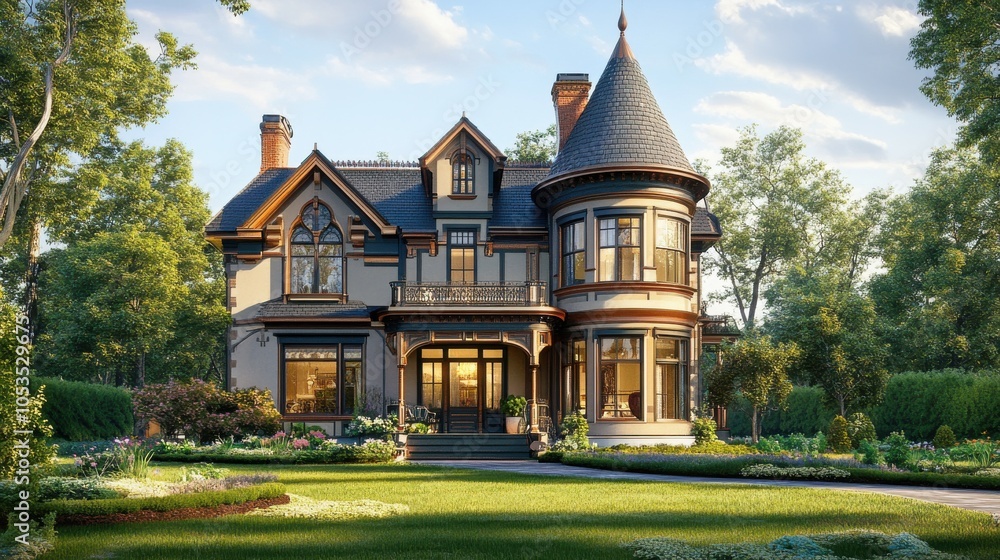 Victorian villa with a turret and ornate trim details. Victorian villa with a turret and ornate trim details.