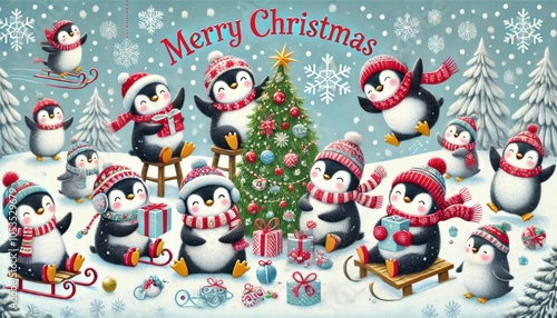 A group of playful penguins enjoying the holiday season