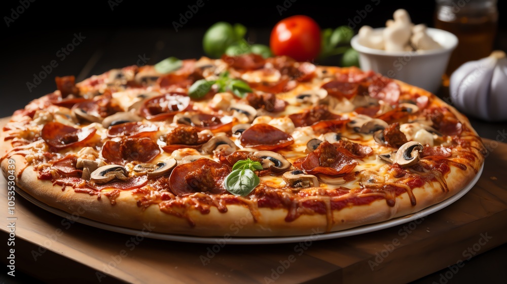 A freshly baked pepperoni and mushroom pizza with a generous amount of cheese. A freshly baked pepperoni and mushroom pizza with a generous amount of cheese.