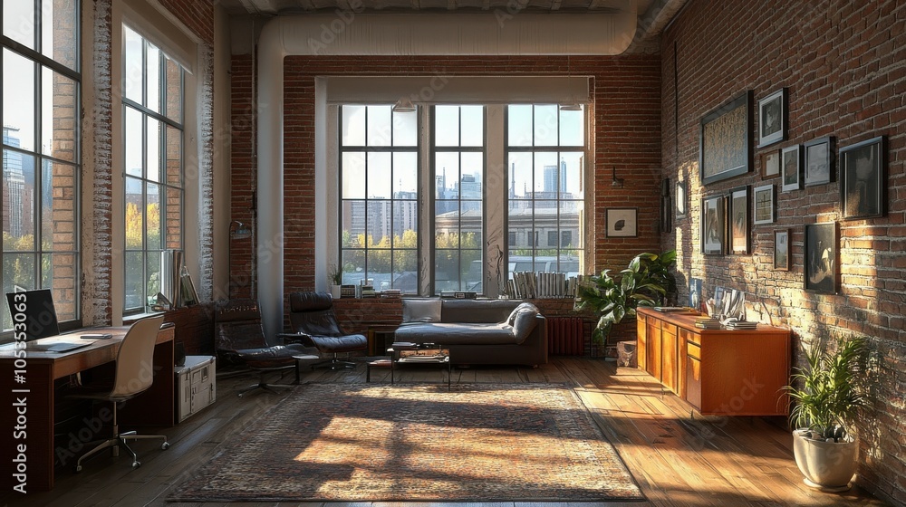 Stylish urban loft with large windows. Stylish urban loft with large windows.