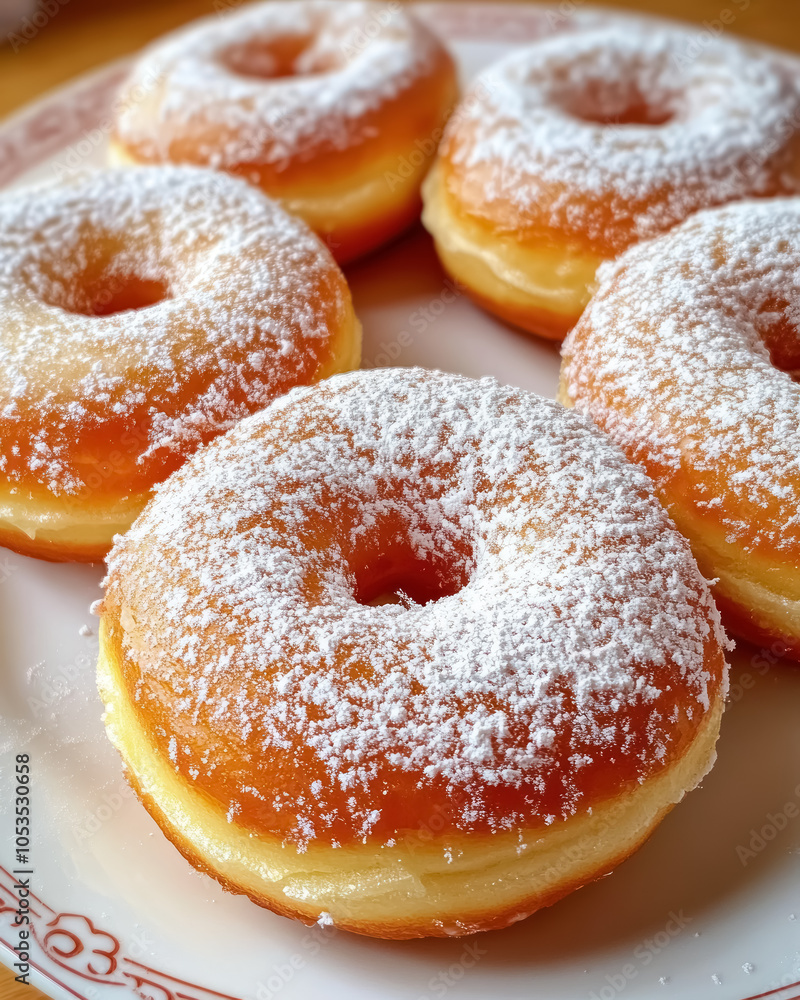 freshly baked glazed doughnuts sprinkled with powdered sugar on a vintage plate freshly baked glazed doughnuts sprinkled with powdered sugar on a vintage plate