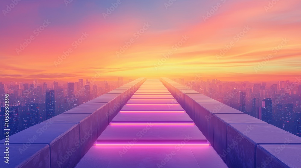 A serene pathway illuminated in pink and purple hues leads to a vibrant sunrise over a city skyline A serene pathway illuminated in pink and purple hues leads to a vibrant sunrise over a city skyline