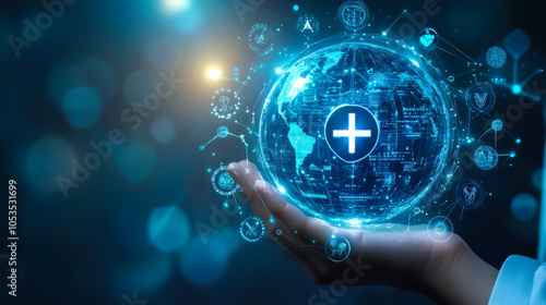 Wallpaper Mural A hand holds a glowing digital globe representing global healthcare innovations and technology advancements at night Torontodigital.ca