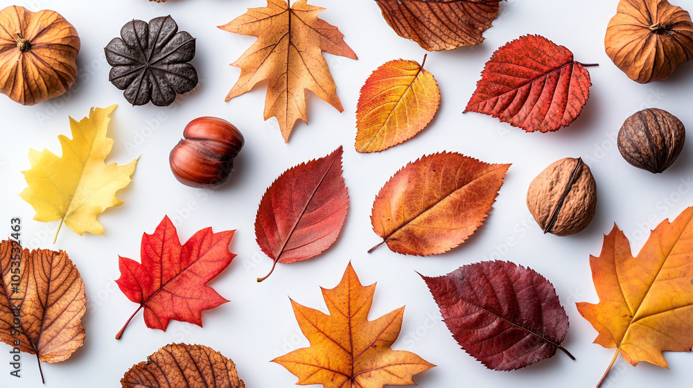 Fototapeta premium different yellow orange red autumn leaves against white background