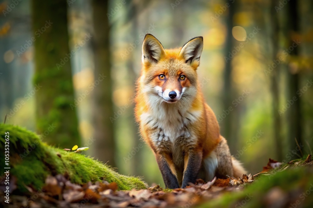 Wild red fox in forest, predator mammal Wild red fox in forest, predator mammal