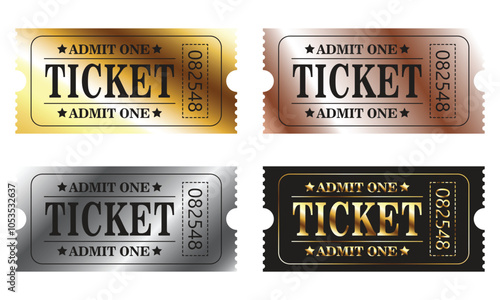Vector set ticket template. Cinema, theater, casino, concert, game, party, event, festival gold ticket. Invite ticket for casino club. Admit one. Vector illustration. Gold, silver, bronze.