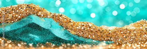 Glittering golden sand and turquoise waves in an abstract artistic composition.