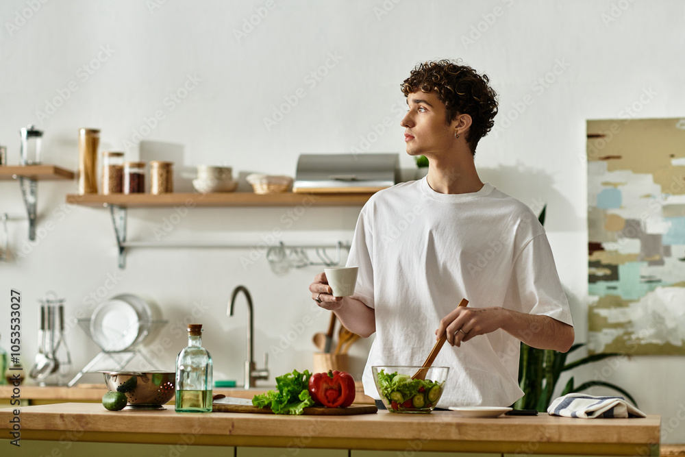 A young man with curly hair mixes a vibrant salad in a stylish kitchen, promoting a healthy lifestyle. A young man with curly hair mixes a vibrant salad in a stylish kitchen, promoting a healthy lifestyle.