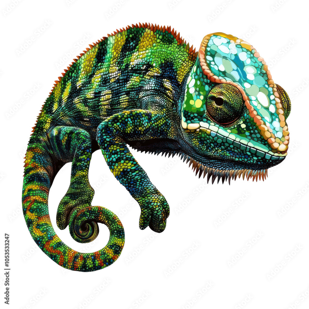 A chameleon clipart, reptile element, colorful camouflage pattern, realistic style, isolated on white background A chameleon clipart, reptile element, colorful camouflage pattern, realistic style, isolated on white background