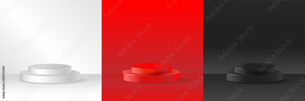 Realistic luxury 3d background with cylinder podium set White Red Black colors .Minimal scene for product display presentation.Stage for showcase. Abstract circles layers scene .Vector illustration Realistic luxury 3d background with cylinder podium set White Red Black colors .Minimal scene for product display presentation.Stage for showcase. Abstract circles layers scene .Vector illustration