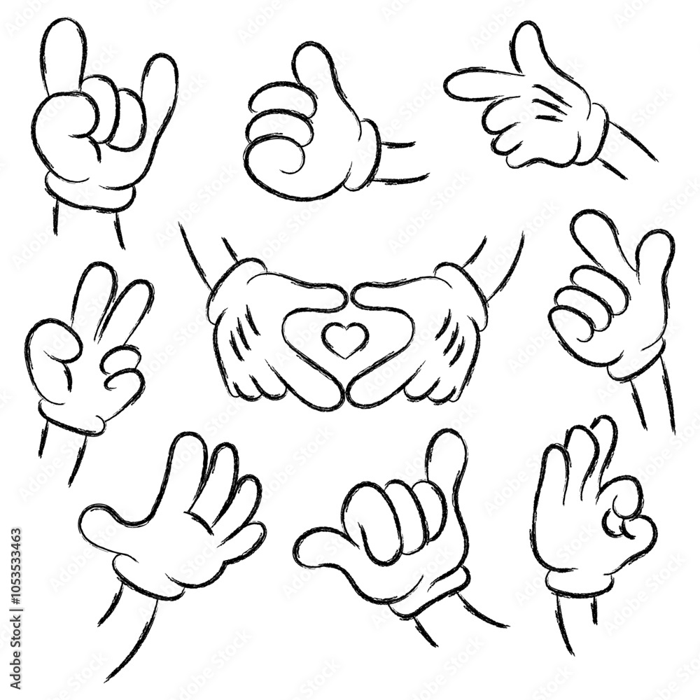 Obraz premium Cartoon hands in gloves set of gestures Charcoal or chalk drawing. Comic arms with in white gloves with various gestures heart shape,ok,two fingers up,thumbs up,rock,shaka, others.Vector illustration
