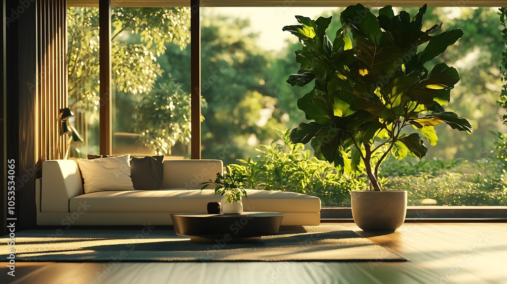 Cozy living space with natural light and greenery. Cozy living space with natural light and greenery.