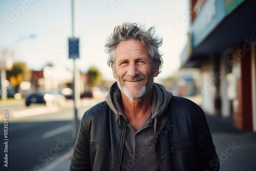 Portrait of a handsome senior man with grey hair and beard standing in the street.