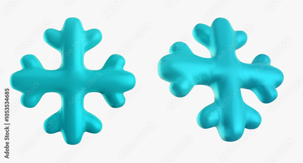 Obraz premium 3d cartoon colorful snowflake various view in realistic vector style. Set modern seasonal cute elements isolated on white background.