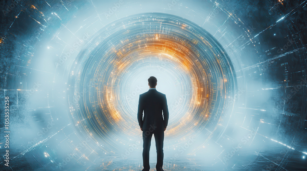 business executive stands confidently before futuristic portal, symbolizing opportunity and business executive stands confidently before futuristic portal, symbolizing opportunity and