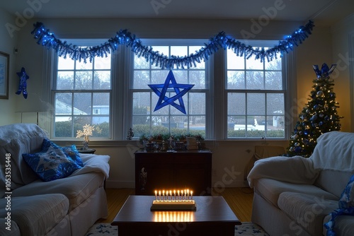 Hanukkah Decorations at Home: A wide-angle shot of a living room decorated for Hanukkah, featuring a lit menorah on the windowsill, blue and white streamers, and a Star of David hanging on the wall. T photo