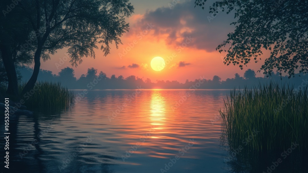 Obraz premium Sun setting over a tranquil lake