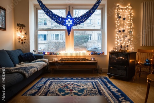 Hanukkah Decorations at Home: A wide-angle shot of a living room decorated for Hanukkah, featuring a lit menorah on the windowsill, blue and white streamers, and a Star of David hanging on the wall. T photo