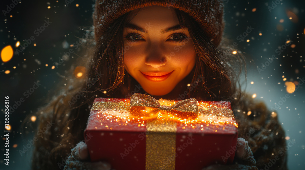 A young woman joyfully holds a glowing Christmas gift surrounded by falling snow at night A young woman joyfully holds a glowing Christmas gift surrounded by falling snow at night