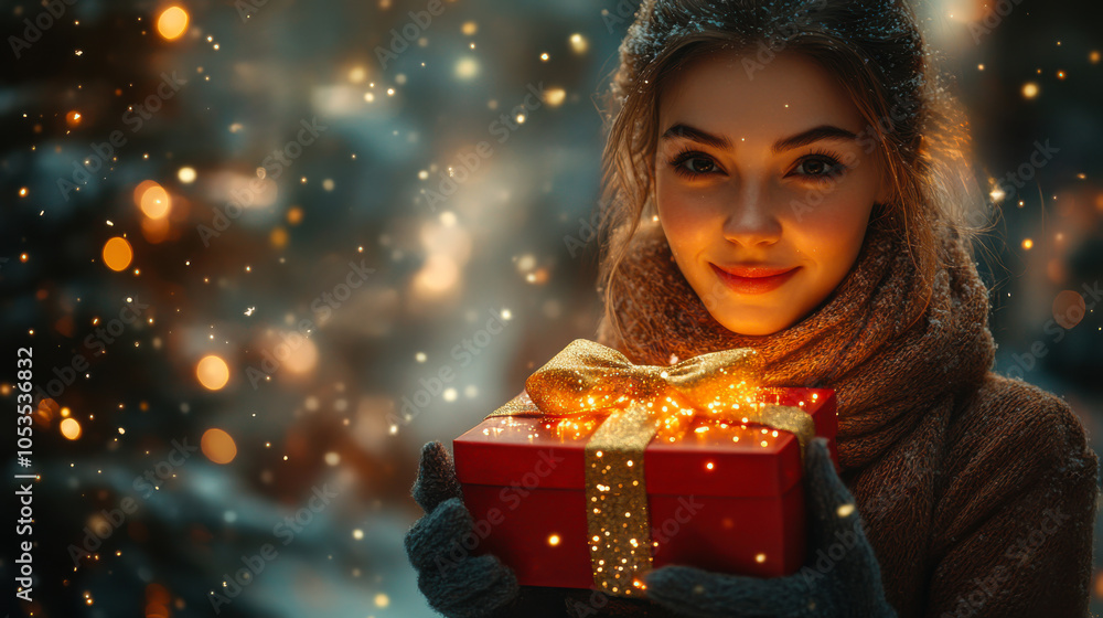 A young woman joyfully holds a glowing Christmas gift surrounded by falling snow at night A young woman joyfully holds a glowing Christmas gift surrounded by falling snow at night