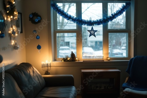 Hanukkah Decorations at Home: A wide-angle shot of a living room decorated for Hanukkah, featuring a lit menorah on the windowsill, blue and white streamers, and a Star of David hanging on the wall. T photo