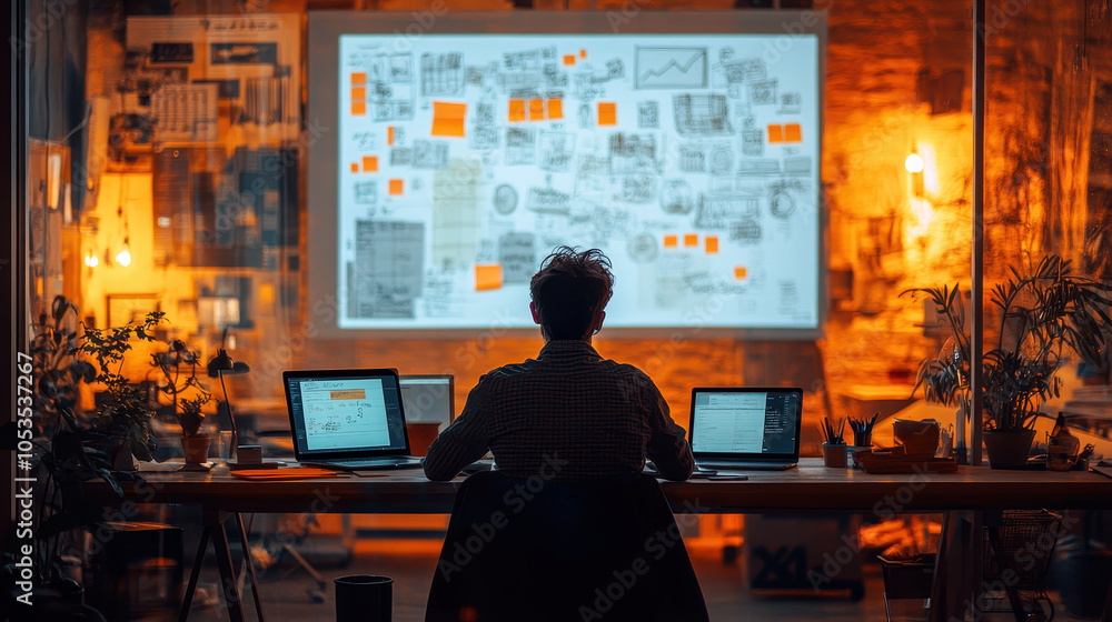 focused individual working on multiple laptops in creative workspace focused individual working on multiple laptops in creative workspace